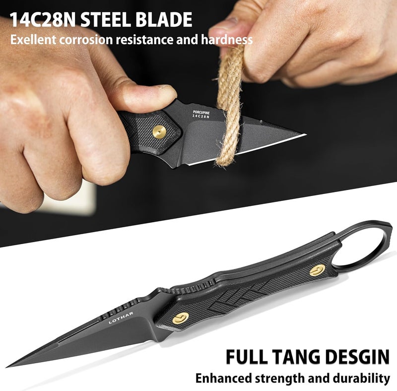 LOTHAR PORCUPINE Small Fixed Blade Knife, 2.46" 14C28N Neck Knife, EDC Knife with G10 Handle and Kydex Sheath, Knife Necklace Horizontal Carry Knife, Survival Knife for Men Women (black) - Image 2